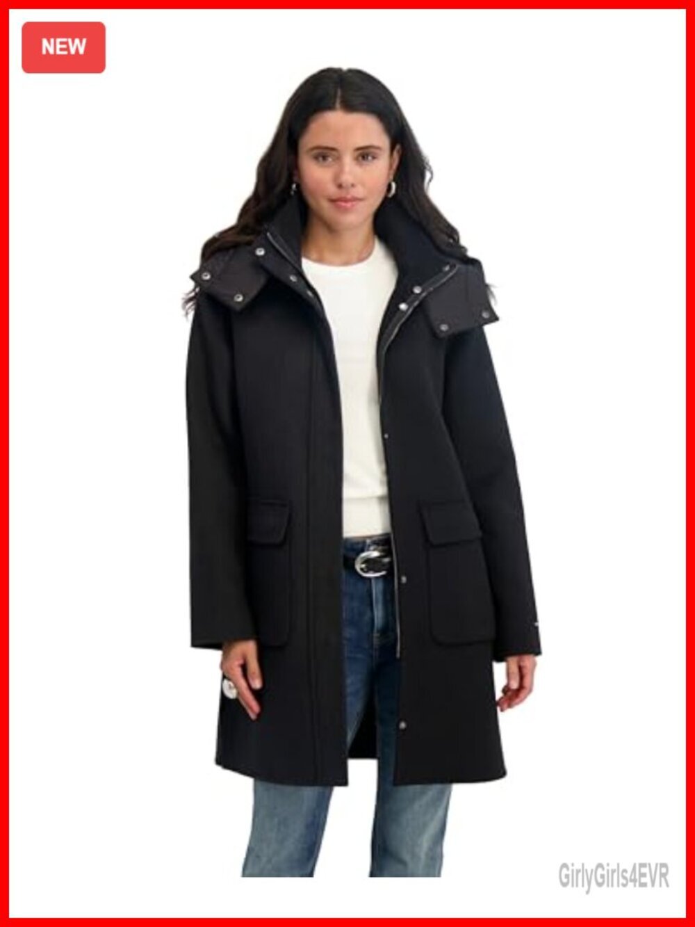 Double-Faced Wool Blend Zip Front Coat with Detachable Hood & Cargo Pockets,
